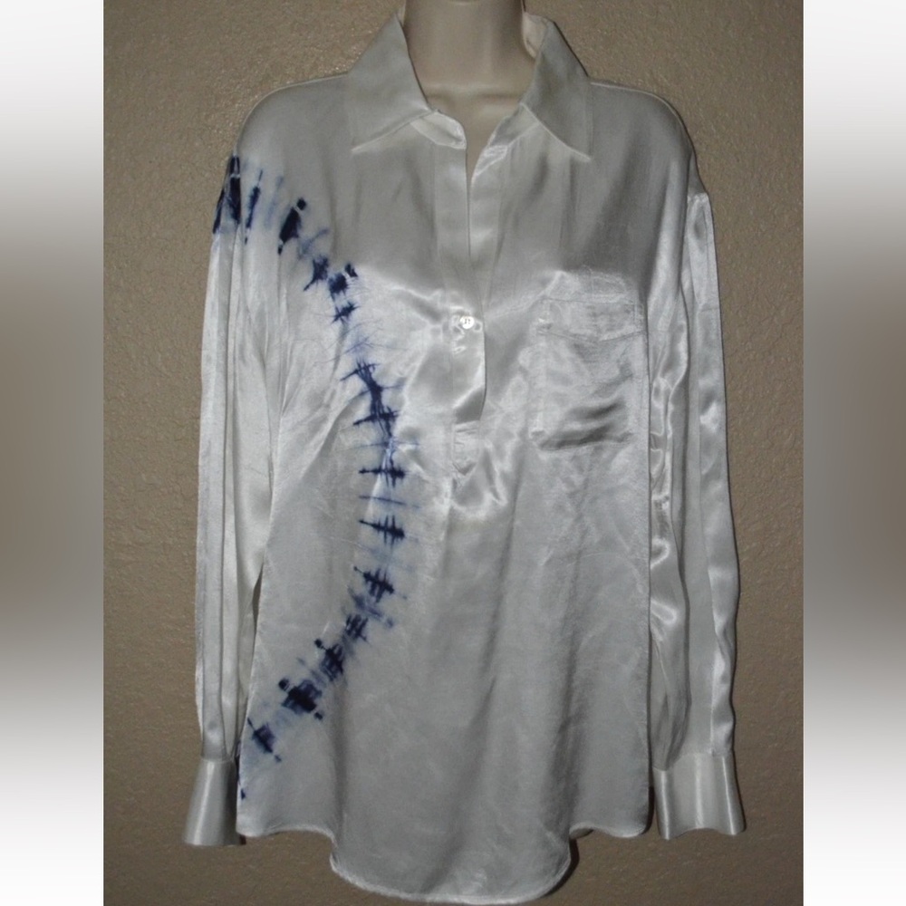 NWOT $598 Sz XS Raquel Allegra Whit eblue Tie Dye Rayon Long Sleeve Blouse